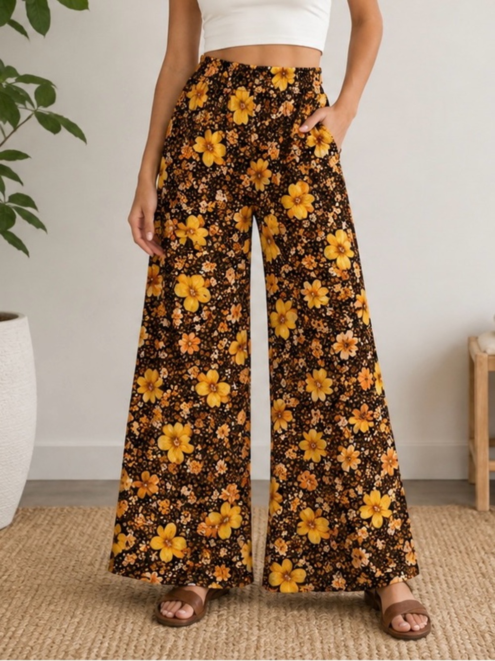 Blue Rain Floral Wide-Leg Floral Pants with Pull On Elastic Waist L